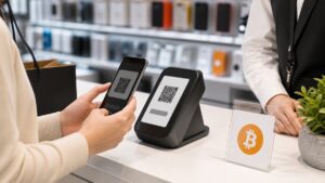 店頭端末のQRコードをスマートフォンで確認するビットコイン決済の場面