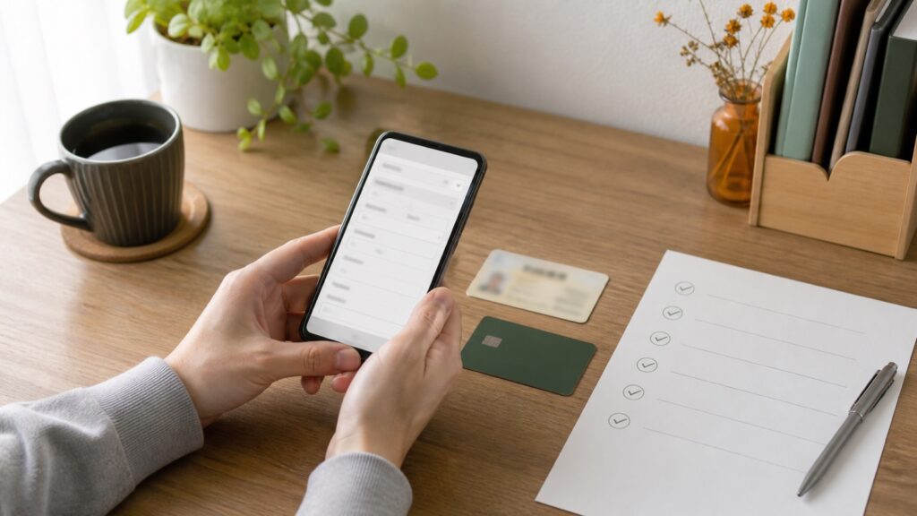 スマートフォンの申込画面と本人確認書類、銀行カード、確認リスト