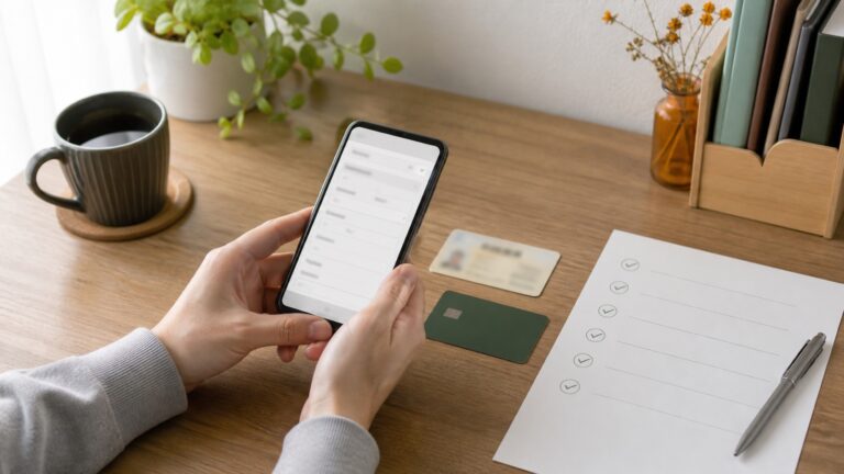 スマートフォンの申込画面と本人確認書類、銀行カード、確認リスト