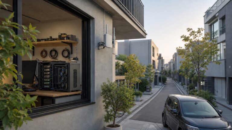 無線ゲートウェイ、車載カメラ、GPUとストレージ機器のある住宅街