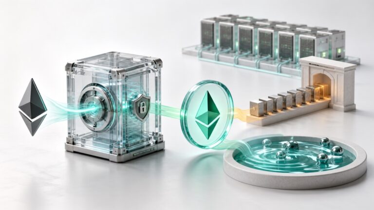 ETHをステーキングしてstETHを受け取り、引き出しキューと市場売却の出口を比較する概念図