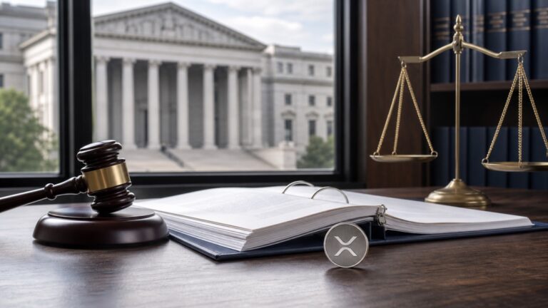 XRPのSEC訴訟資料と裁判所、判決を示す木槌と天秤